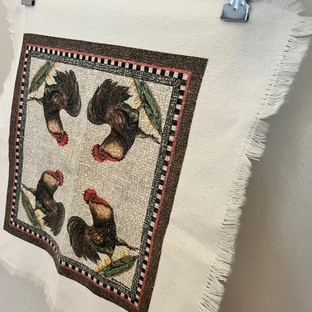 Vintage Rooster Woven Tapestry Napkin Fringed Farmhouse Kitchen Decor 17x17